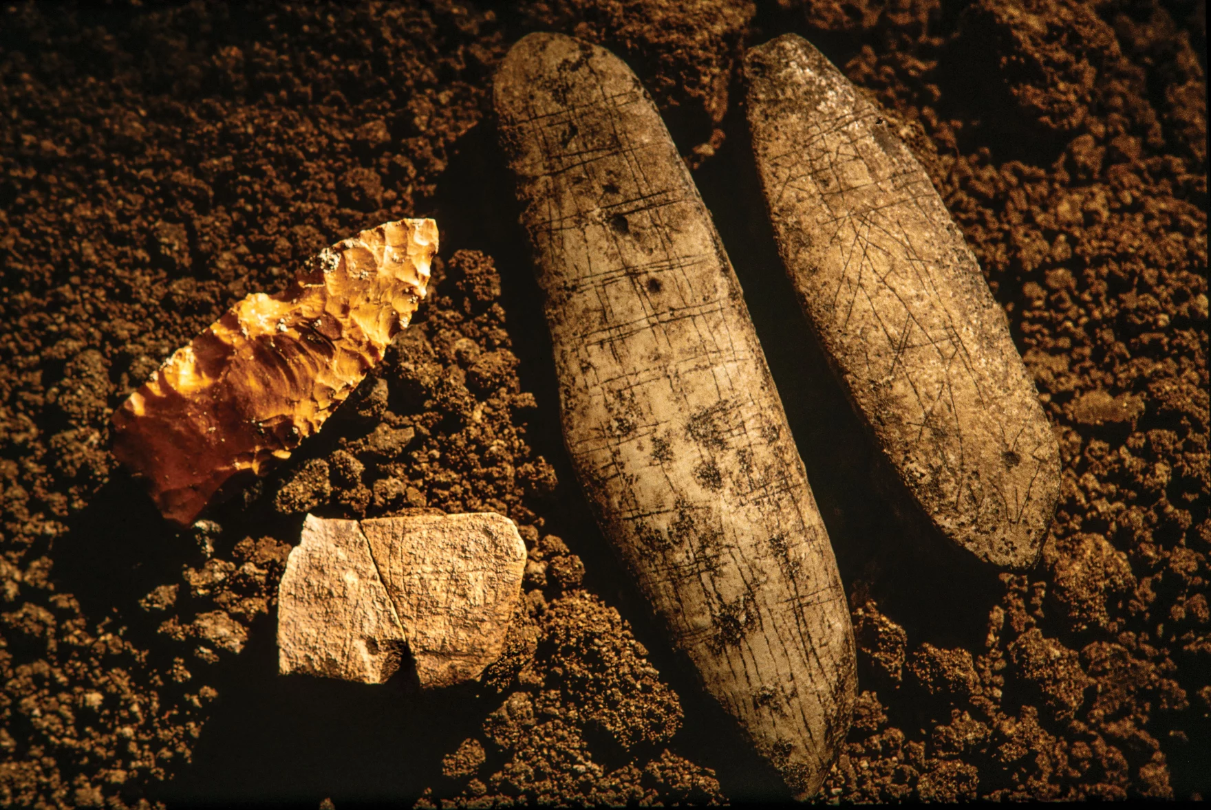 Photo of incised Clovis artifacts found atthe Gault Archaeological Site